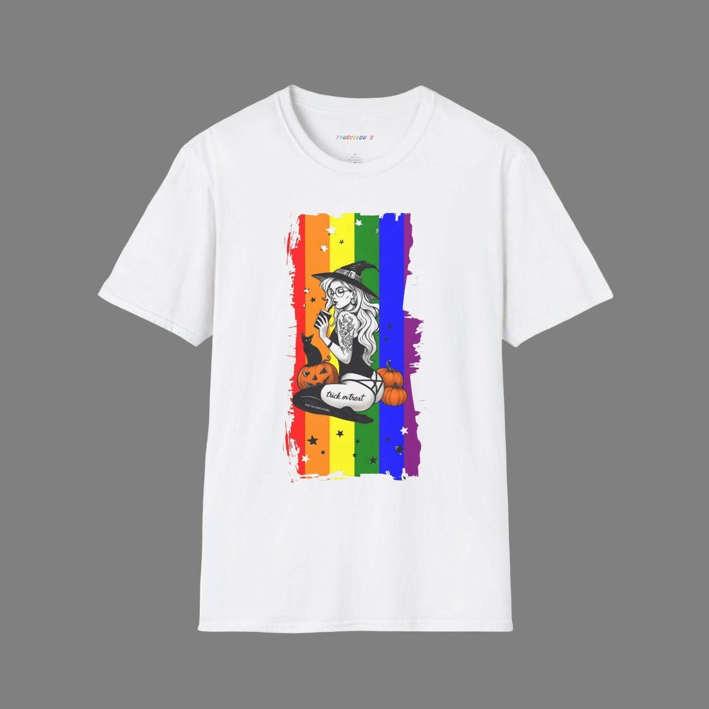 Witchy Pride Halloween T-shirt with vibrant rainbow flag background, featuring a witch and pumpkins.