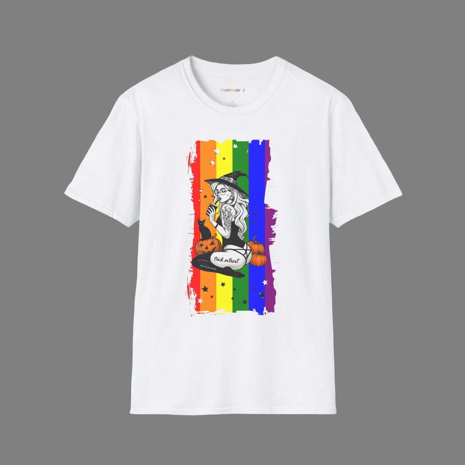Witchy Pride Halloween T-shirt with vibrant rainbow flag background, featuring a witch and pumpkins.