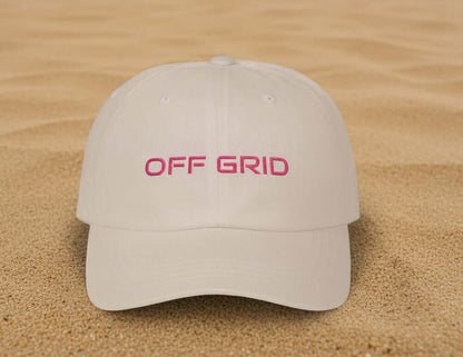 Close-up of OFF GRID embroidered dad cap in beige with unstructured low profile fit