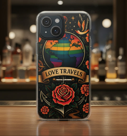 Love Travels Pride Globe phone cover with classic tattoo art, rainbow world map, and orange floral details.