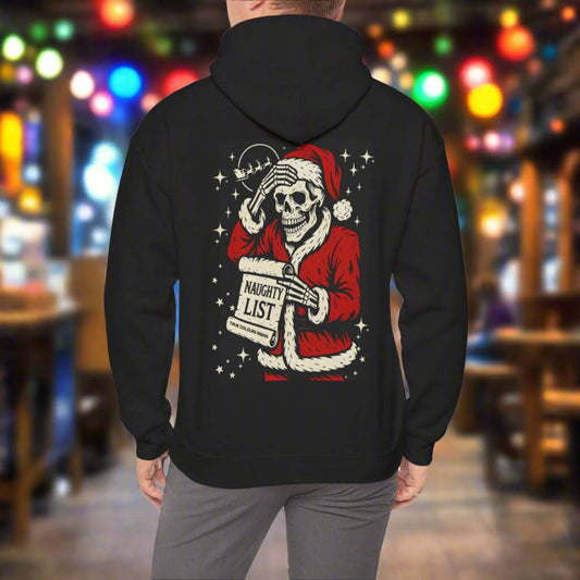 Back of black hoodie with retro-style skeleton Santa and naughty list”