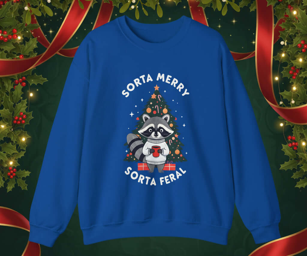 Sorta Merry Sorta Feral Christmas Jumper featuring a raccoon and Christmas tree on a blue background.