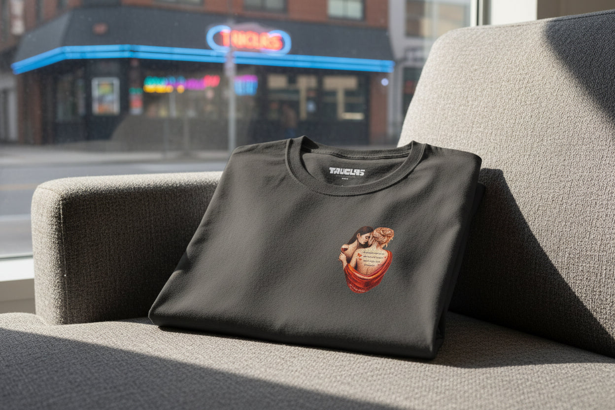 Lesbian love art tee featuring poetic message and premium feel