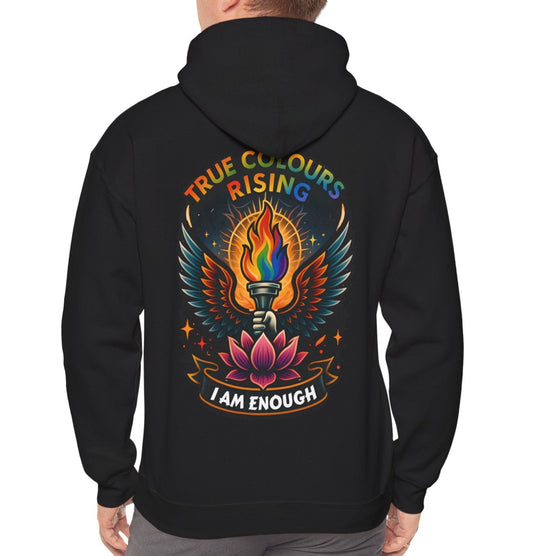 Black hoodie with tattoo-style rainbow torch, wings, lotus flower, and slogan I Am Enough.
