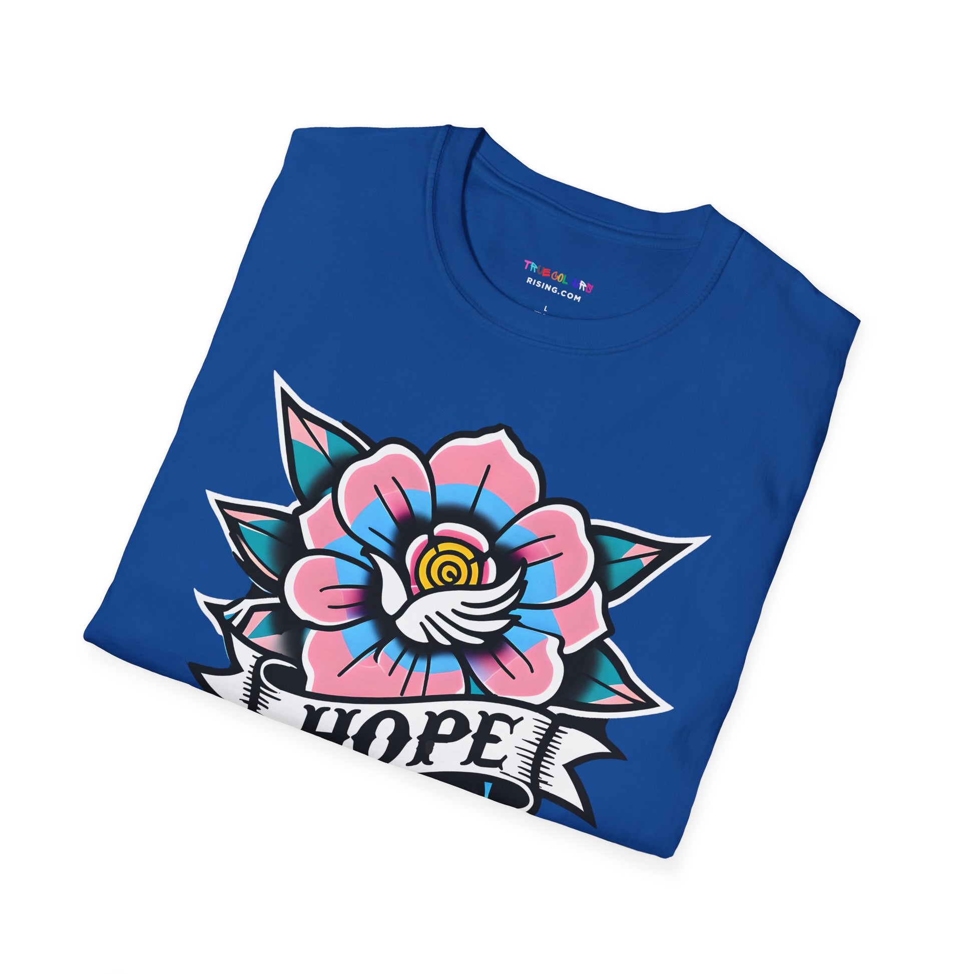 Blue T-shirt featuring a retro tattoo-inspired rose with the word 'HOPE' representing Trans Pride colors.