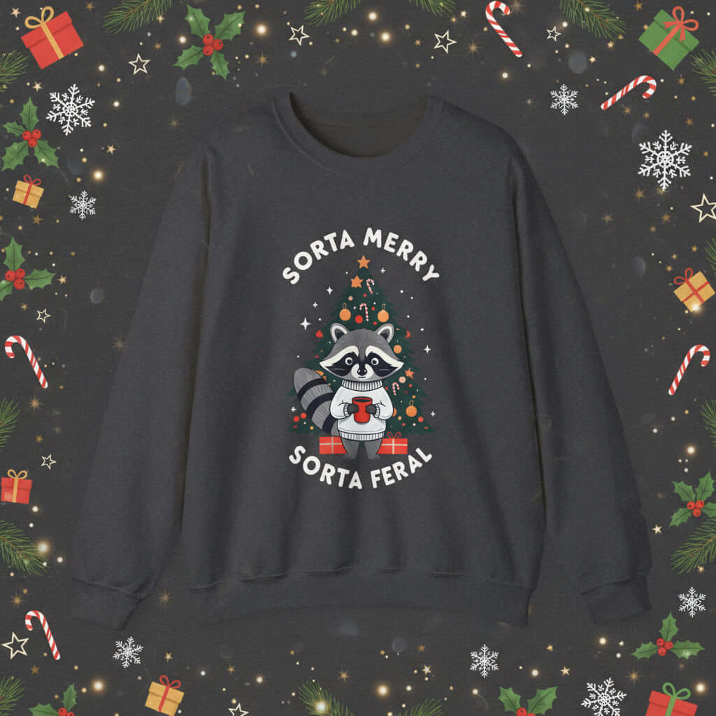 Sorta Merry Sorta Feral Christmas Jumper featuring a festive raccoon design, surrounded by Christmas decorations.