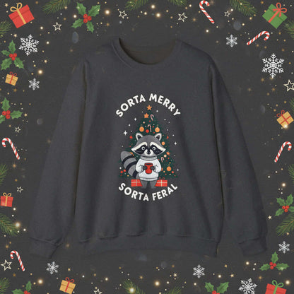Sorta Merry Sorta Feral Christmas Jumper featuring a festive raccoon design, surrounded by Christmas decorations.