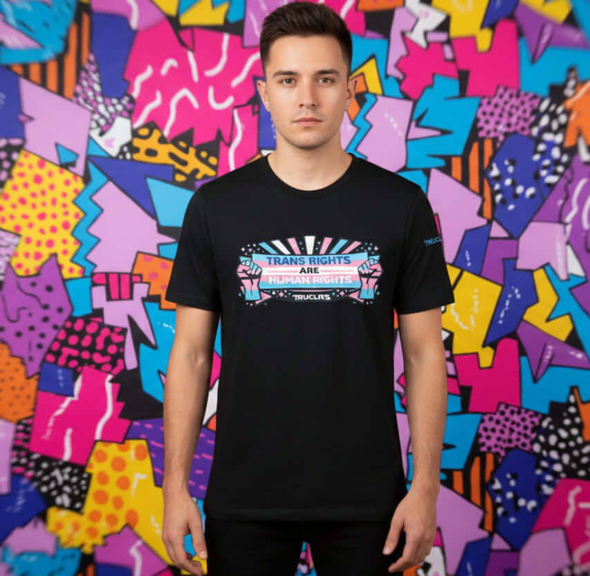 Black t shirt with trans rights are human rights graphic and raised fists design