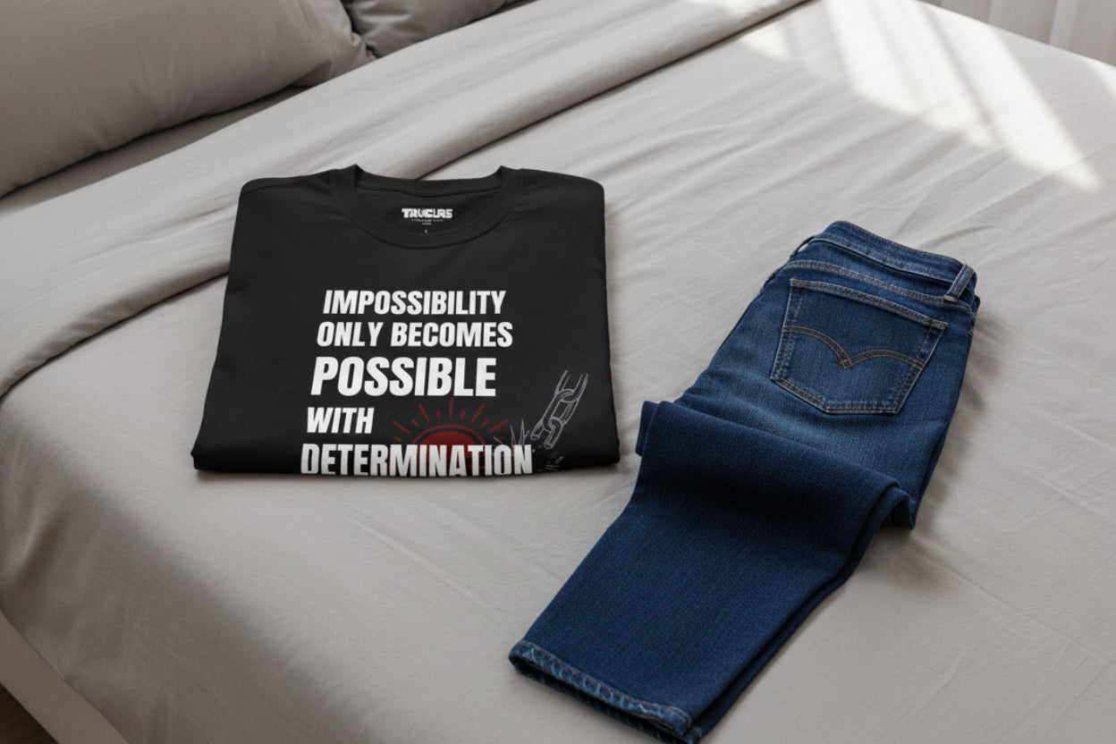 Motivation quote on true colours back t shirt, never give up 