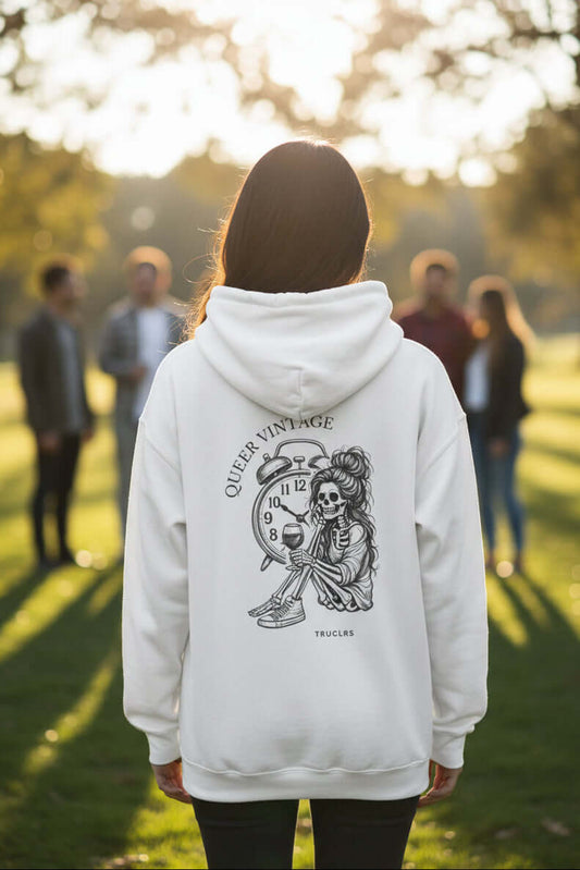 Queer Vintage hoodie featuring skeleton illustration and vintage clock on white fabric