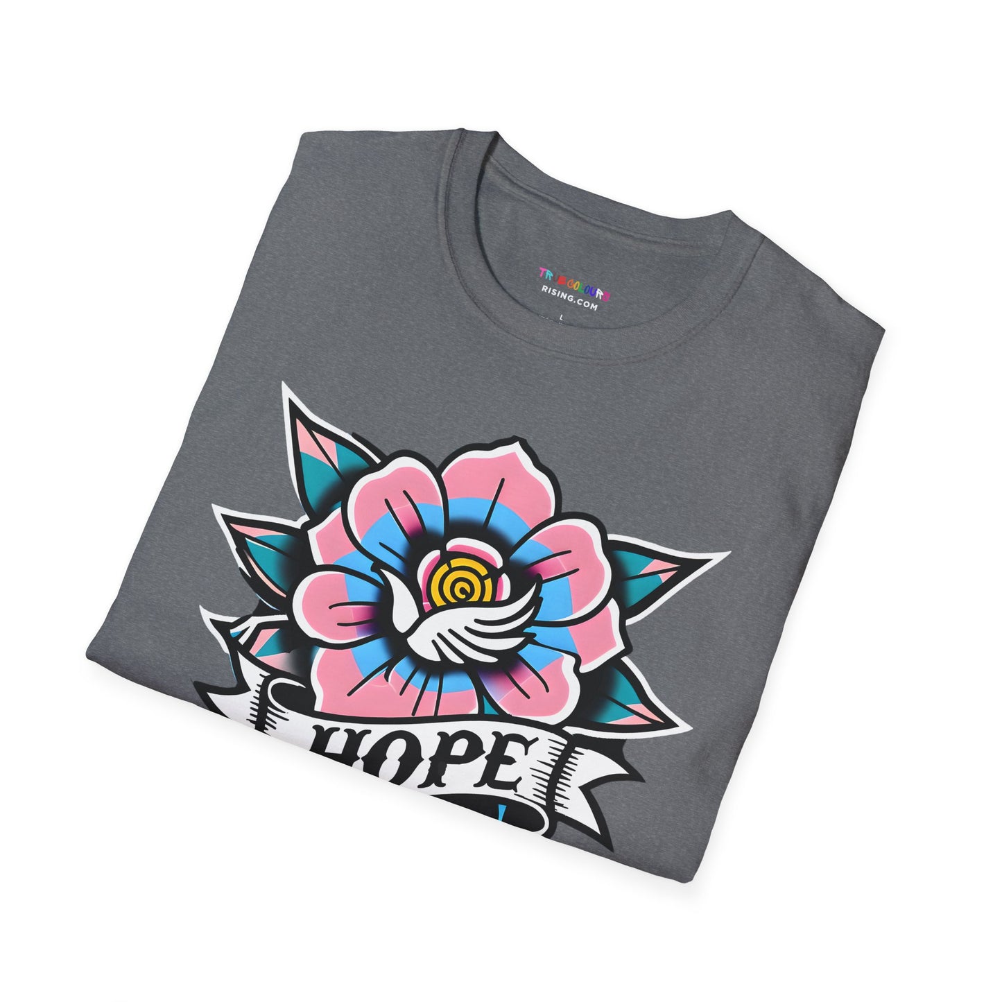 Unisex alternative pride fashion shirt featuring HOPE flower in trans colours.