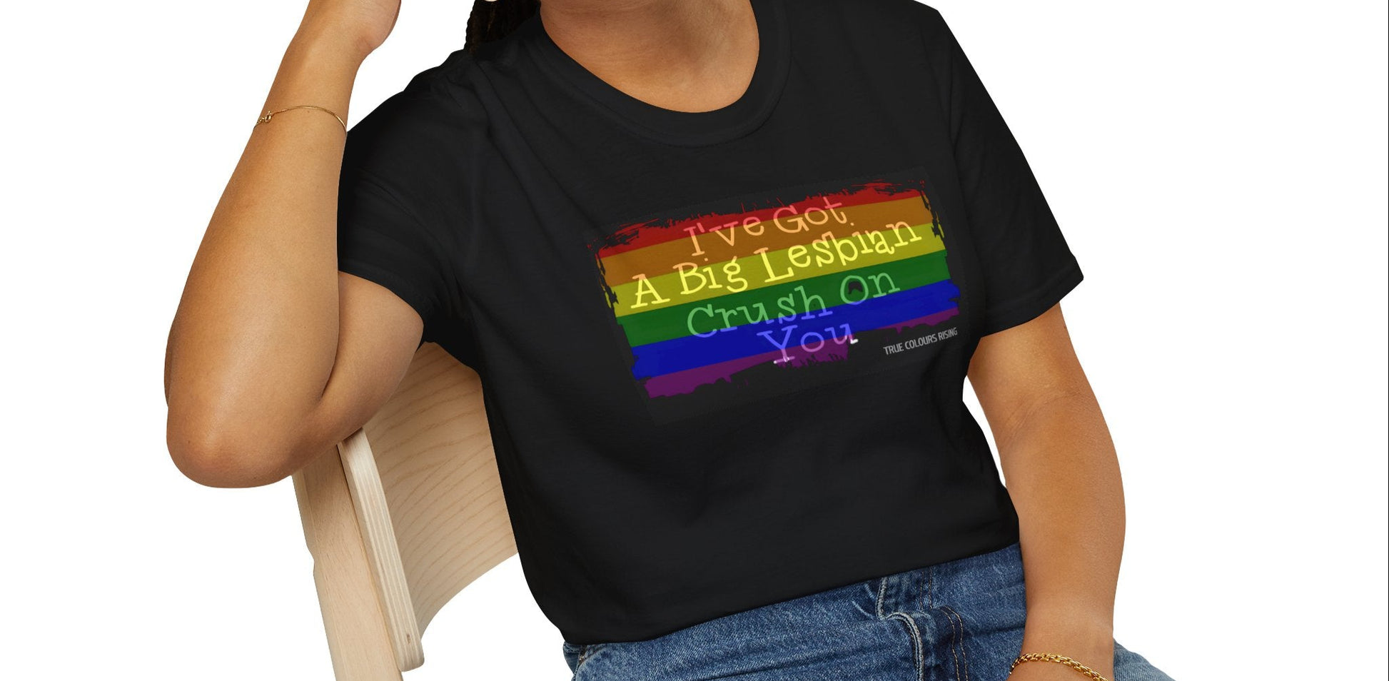 Front view of Big Lesbian Crush rainbow pride t-shirt by True Colours Rising (black, recycled cotton)