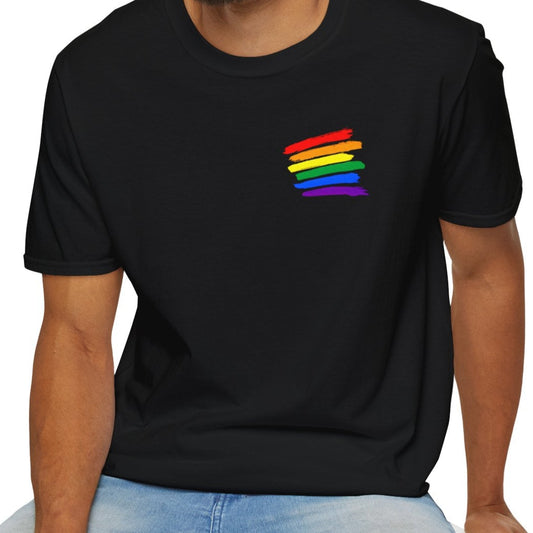 Black True Colours Rising rainbow pride t-shirt with painted brushstroke design