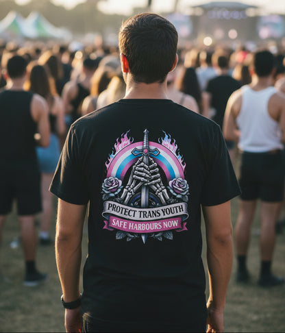 Trans rights t shirt with symbolic protection artwork on the back