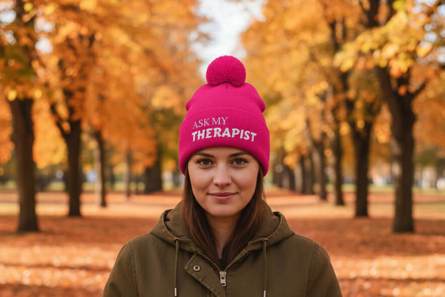 Pink Bobble Hat, Ask my Therapist embroidered hat, true colours rising