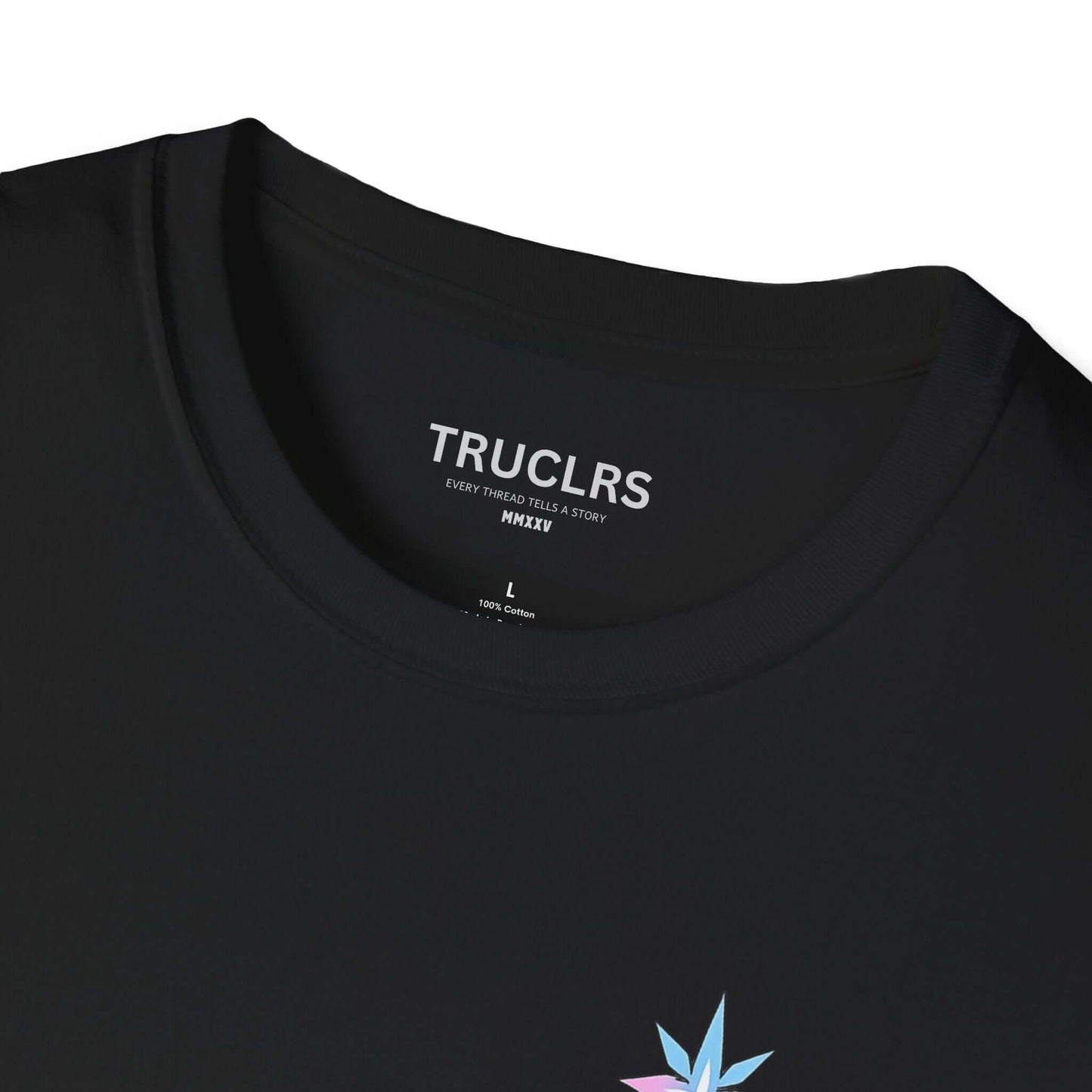 TRUCLRS Minimal black tee showing a small vertical trans pride symbol
