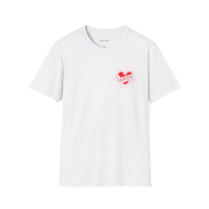Tattoo-inspired queer pride t-shirt with lesbians heart banner artwork.