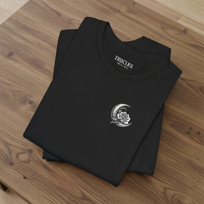 True Colours Rising gothic black T-shirt with rose skull artwork and front crescent rose detail