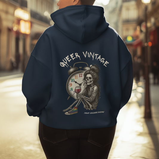 True Colours Rising queer vintage tattoo hoodie with bold flash tattoo graphics and LGBTQ+ pride motifs on black cotton.