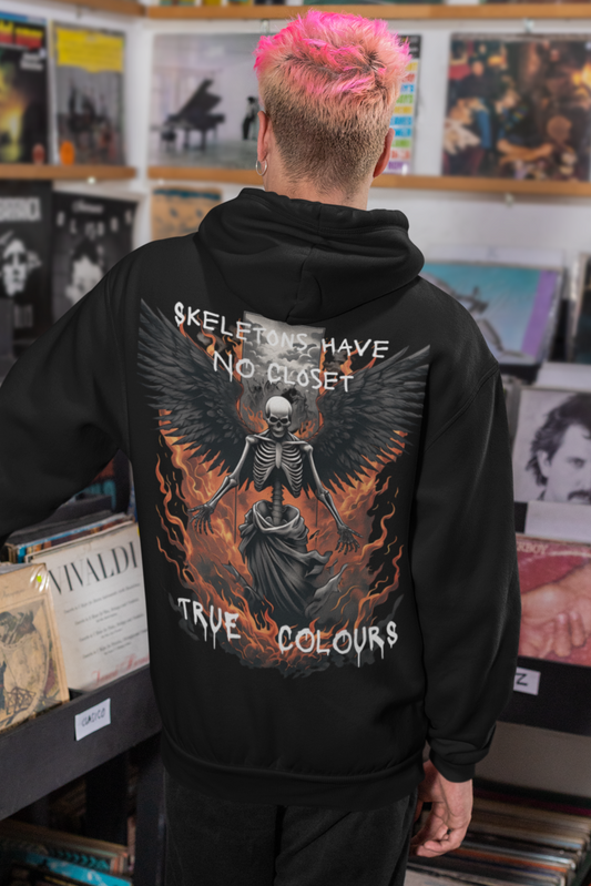 person wearing a black hoodie with skeletons, fire and a dark past standing in a record store