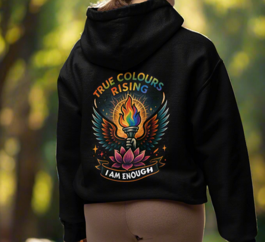 LGBTQ+ hoodie featuring rainbow flame, wings, lotus flower, and slogan I Am Enough
