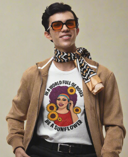 Feminist empowerment tee with drag queen in red dress and sunflower-themed artwork