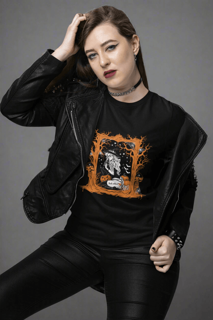 Sexy Halloween witch t-shirt for women featuring a gothic pin-up witch, black cat, pumpkins, skulls, bats, spider webs, and a blood-red handprint
