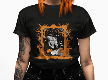 Sexy Halloween witch t-shirt for women featuring a gothic pin-up witch, black cat, pumpkins, skulls, bats, spider webs, and a blood-red handprint