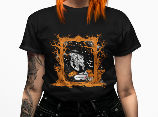 Sexy Halloween witch t-shirt for women featuring a gothic pin-up witch, black cat, pumpkins, skulls, bats, spider webs, and a blood-red handprint