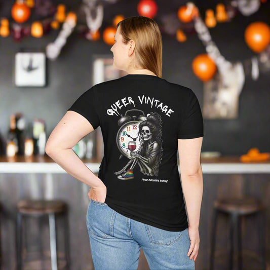 Person wearing Queer Vintage Fem Skelly LGBTQ+ T Shirt at halloween party