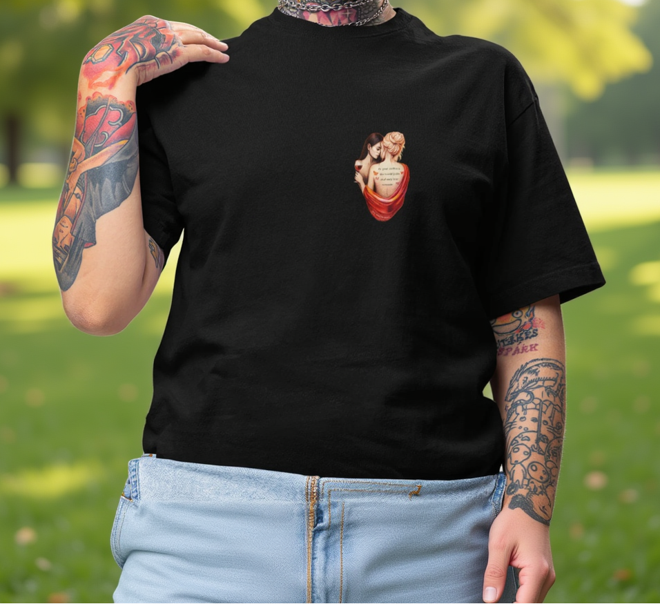 LGBTQ+ pride t-shirt featuring two women in a tender embrace