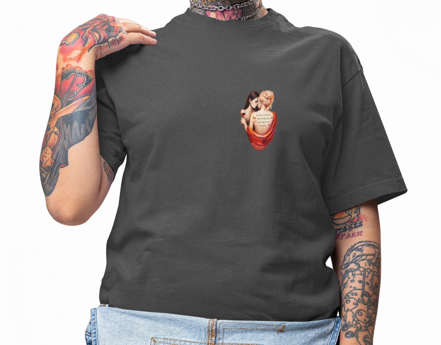 Lesbian love story tee with fine art illustration and butterflies