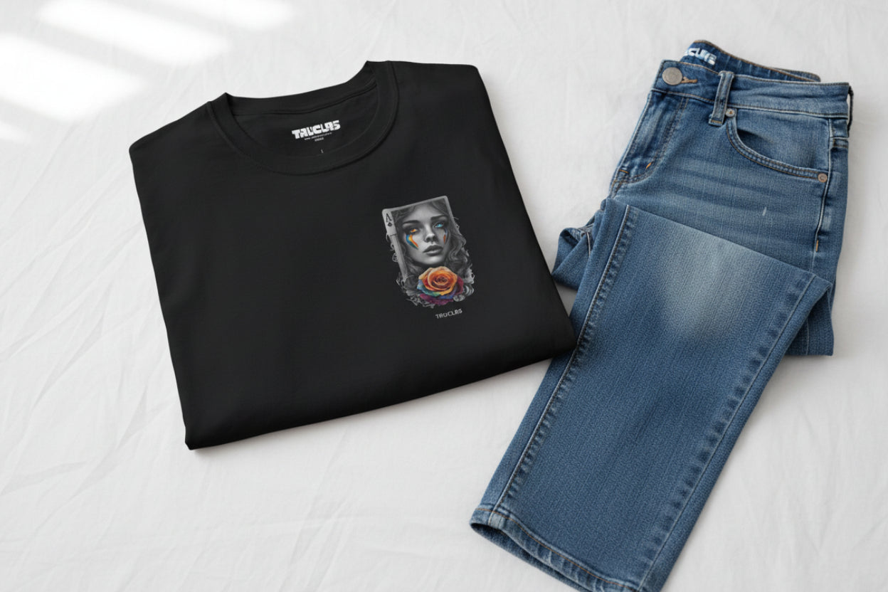 100% recycled black T Shirt with tarot design and rainbows
