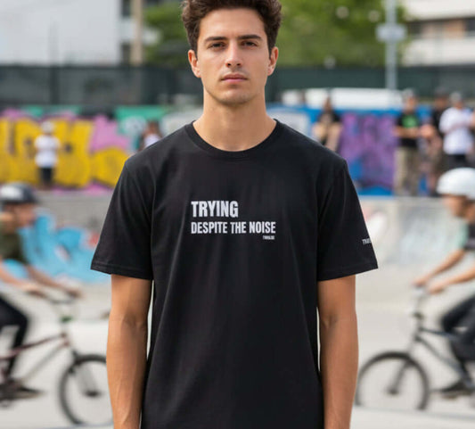 Clean minimalist black shirt showing positive message text in white