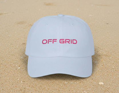Light blue OFF GRID dad cap with pink embroidery, low profile fit