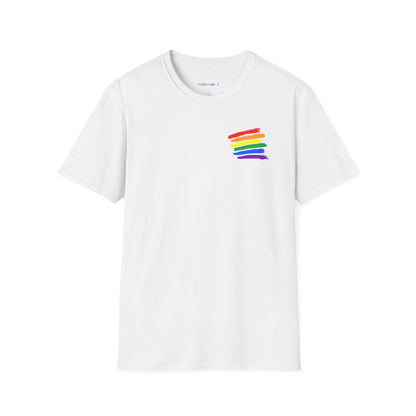 Minimalist pride t-shirt with rainbow brushstroke chest design on black cotton.