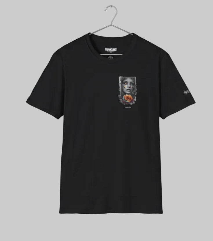 Black t-shirt with a graphic design on a white background