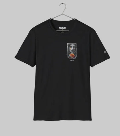 Black t-shirt with a graphic design on a white background