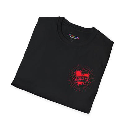 Bold lesbian empowerment shirt featuring classic tattoo red heart graphic.