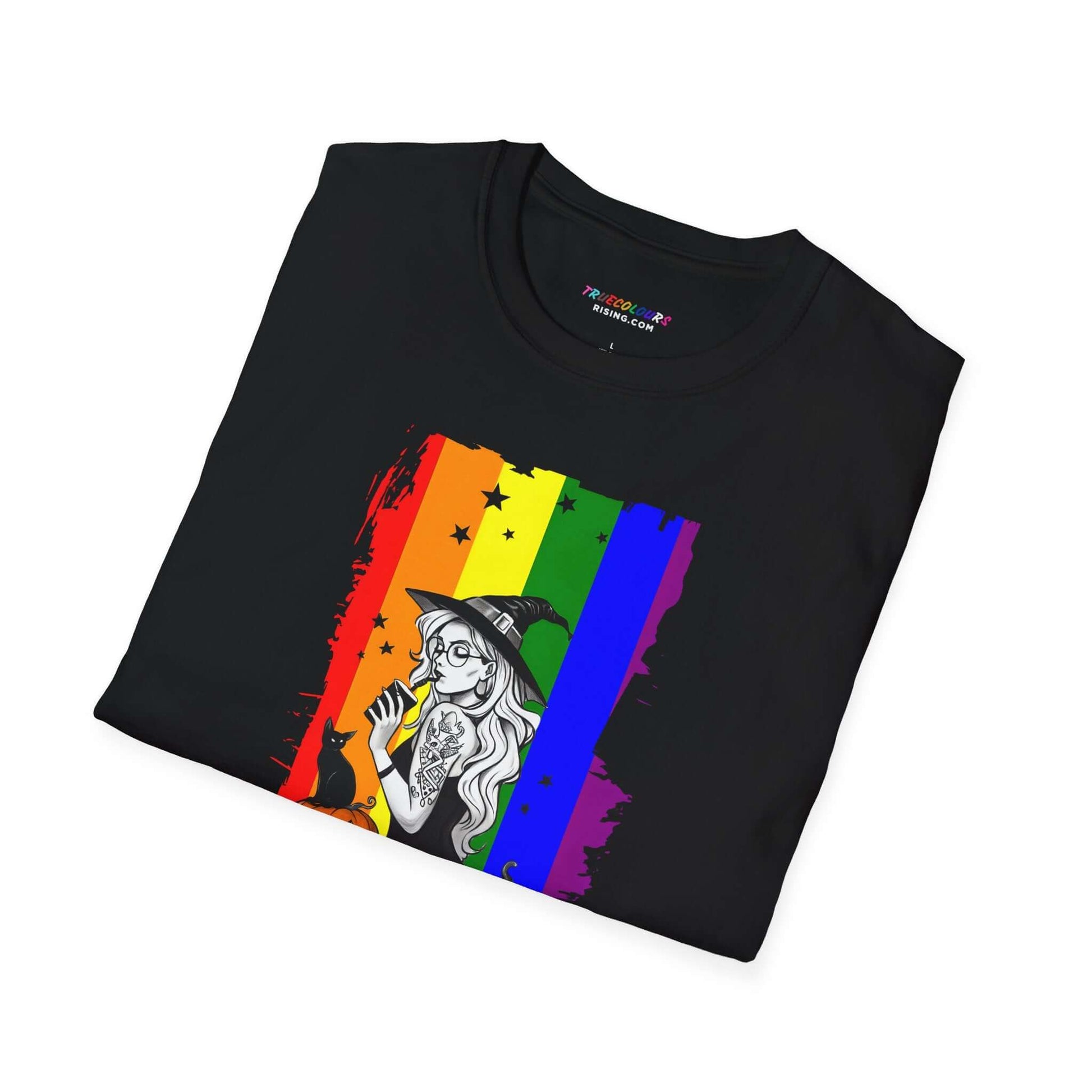 Witchy Pride Halloween T-shirt featuring a witch with a rainbow flag background and a black cat.