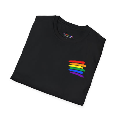 True Colours Rising rainbow pride t-shirt in black with bold brushstroke stripes celebrating LGBTQ+ pride.