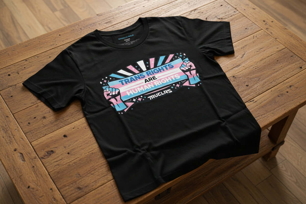 Unisex black activist t shirt supporting transgender rights with bold banner artwork