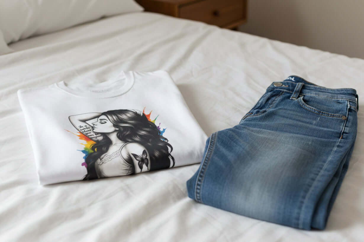 Be You - Reimagined T-shirt with striking illustration next to folded jeans on a bed.