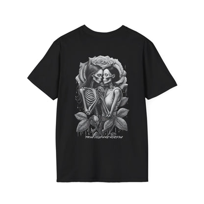 Skeleton couple in love graphic on back of black gothic T-shirt