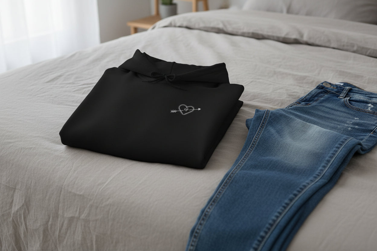 She Is Mine Black Hoodie Folded black hoodie with a heart and arrow design on a white background