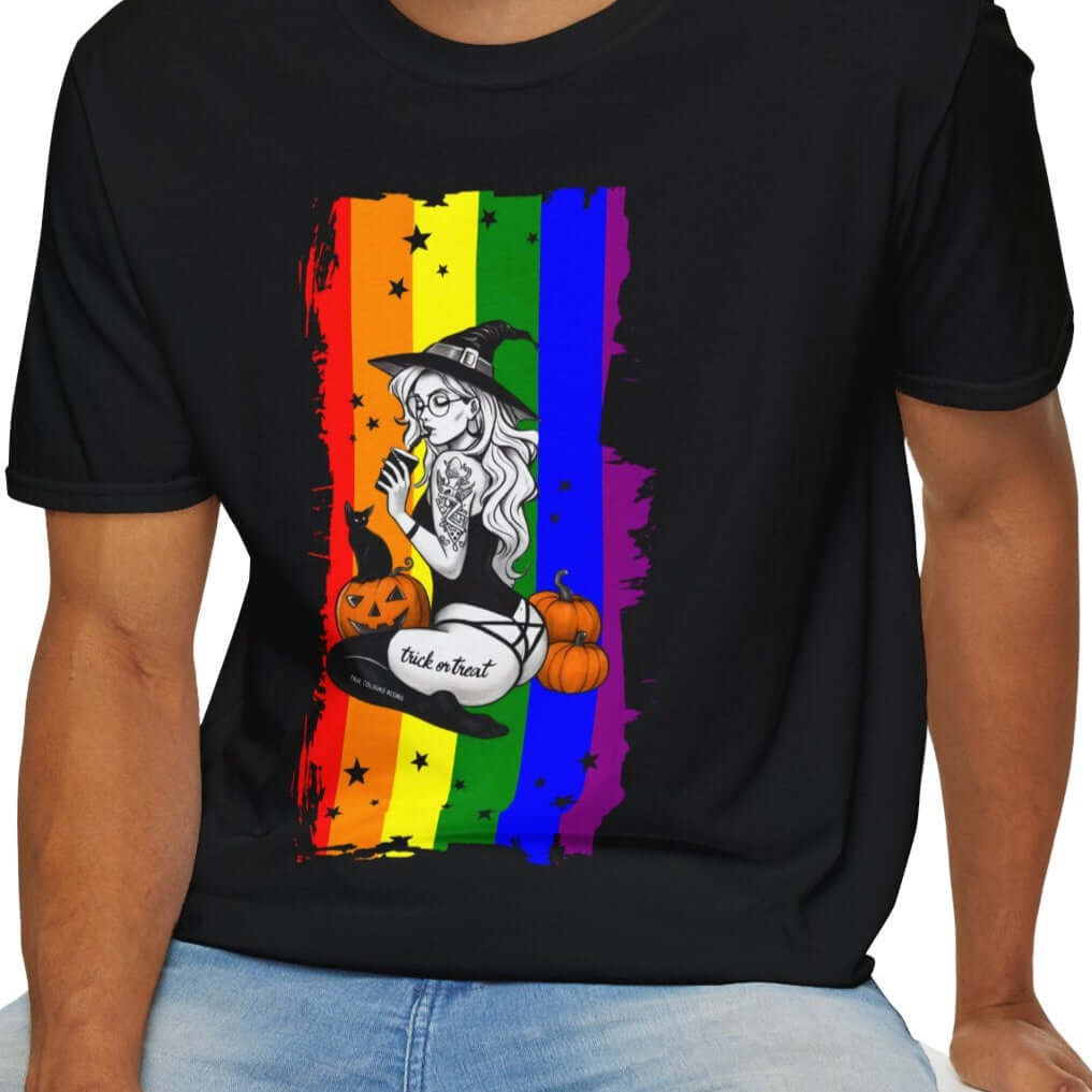 Witchy Pride Halloween T shirt With Pride Flag Background