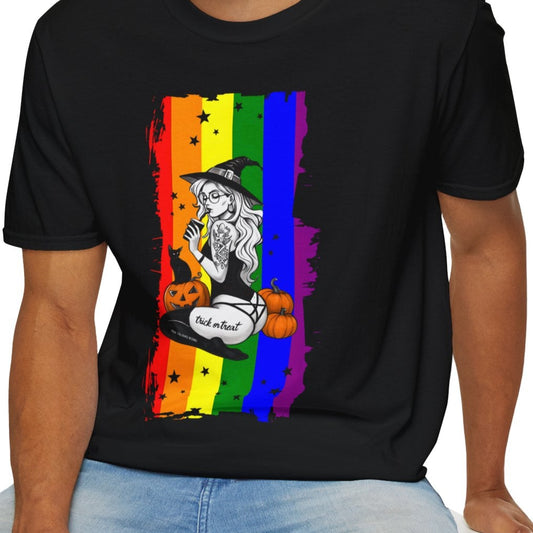Witchy Pride Halloween T shirt With Pride Flag Background