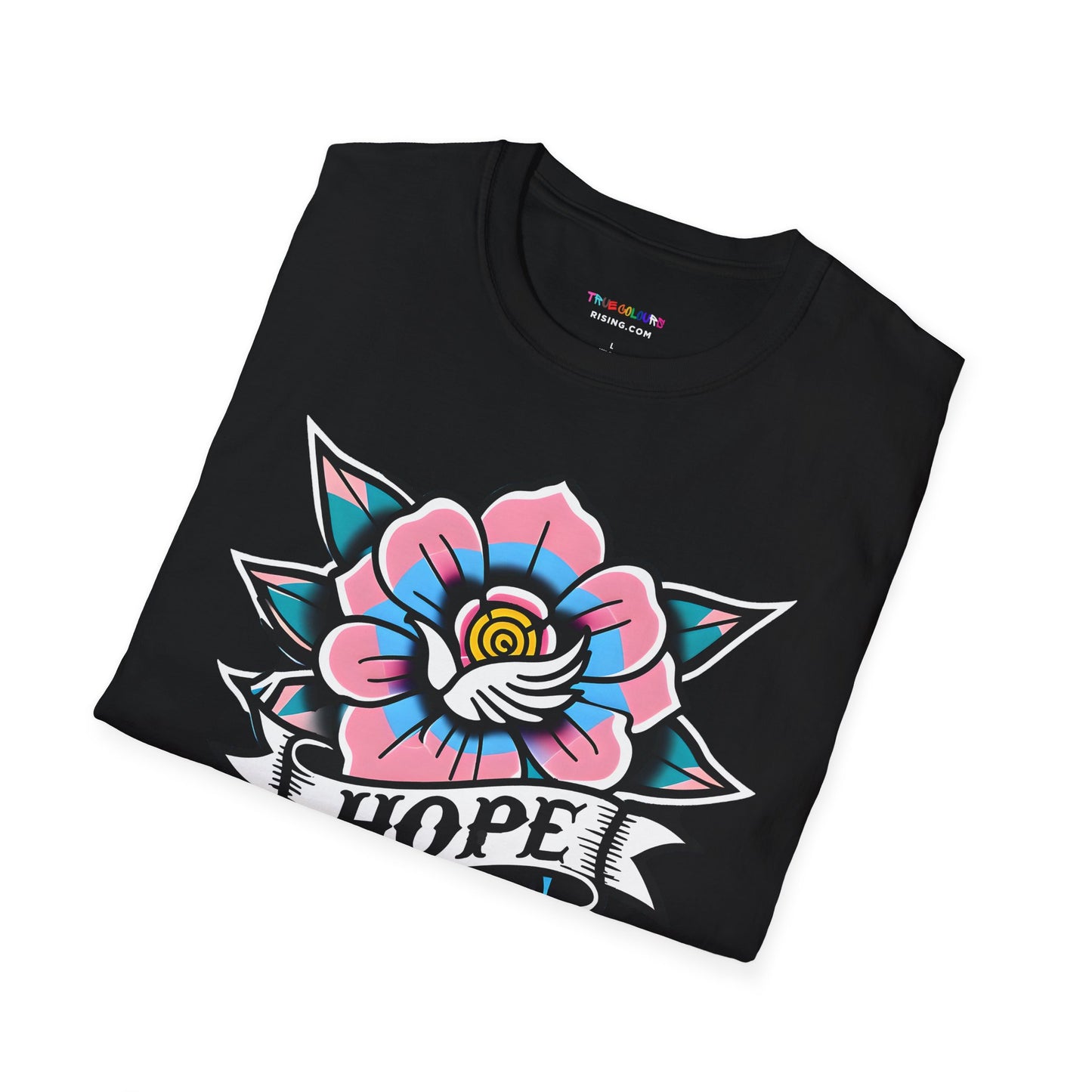 Black T-shirt featuring a Trans Pride flower design, symbolizing hope and resilience, crafted from recycled cotton.
