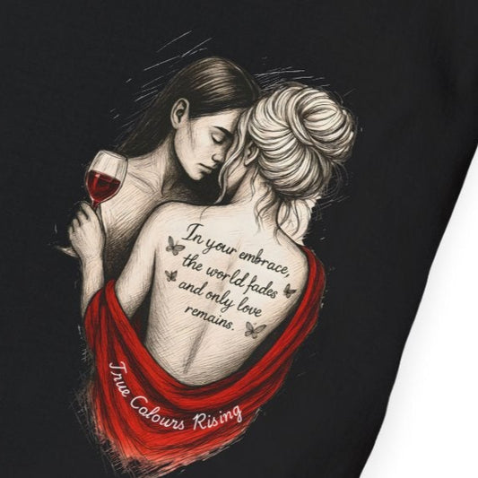 Feminine-presenting model wearing LGBTQ+ supportive t-shirt with romantic illustration and red wine imagery