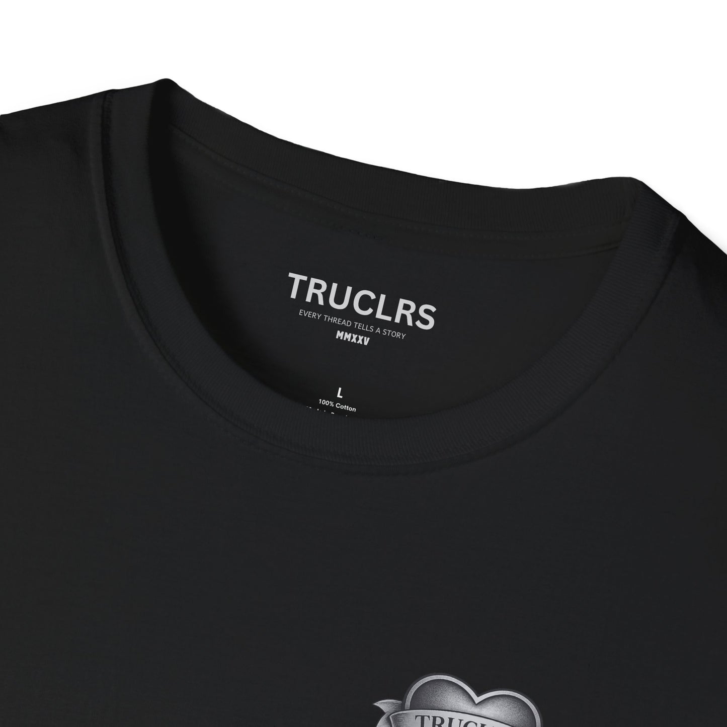 TRUCLRS gothic fashion t-shirt with skull lovers and rose heart emblem